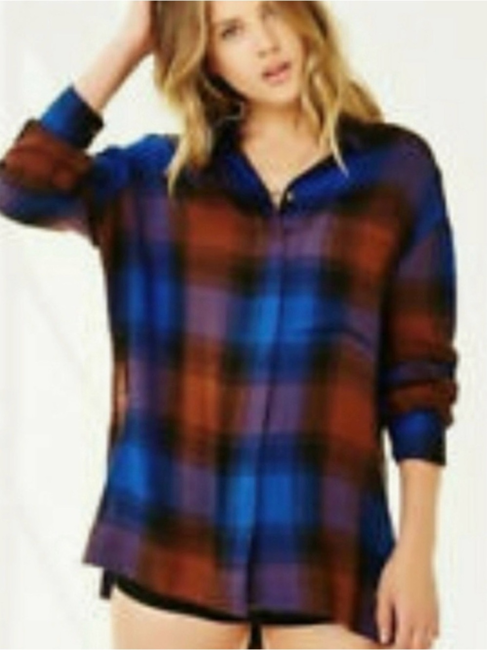 BDG Blue and Brown Plaid Button-Down Shirt